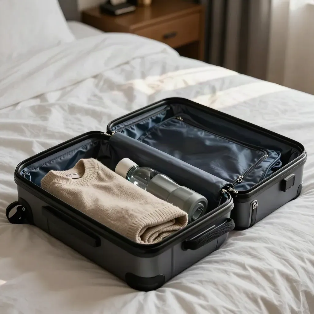 Otevřený kufr na hotelové posteli s packing kostkami, lahvičkami a svetrem.